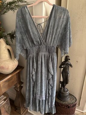 Moon River Grey Boho Ruffled Wrap Midi Dress